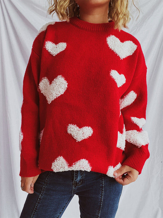 Damen Pullover mit Herzmuster und flauschigen Applikationen Heidi-Mode