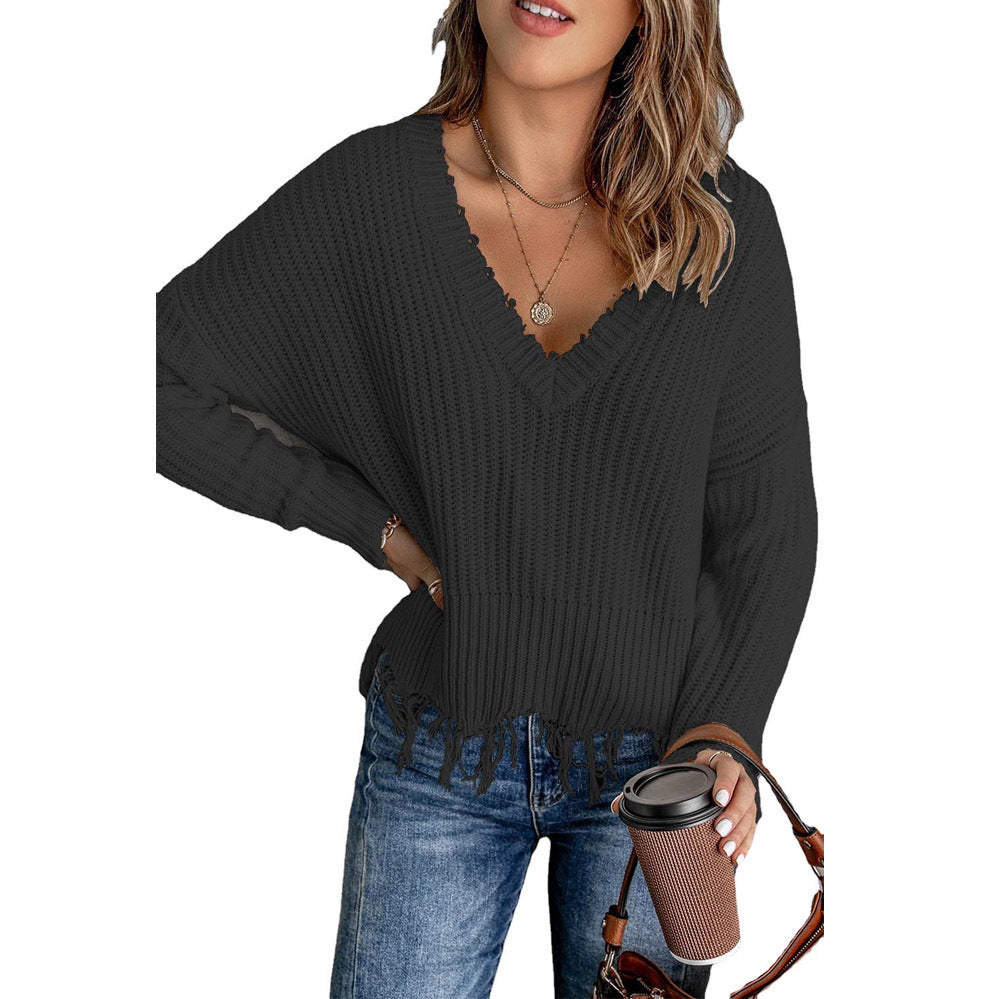 Damen V-Ausschnitt Strickpullover mit Fransen Heidi-Mode