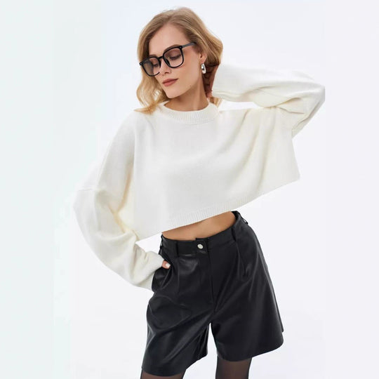 Damen Crop-Pullover im lässigen Oversized-Stil mit weiten Ärmeln und strukturiertem Design Heidi-Mode