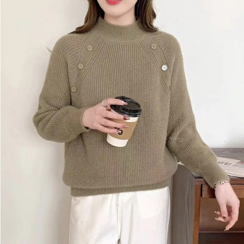 Damen Grobstrickpullover mit modernem Stehkragen und Knopfdetails Heidi-Mode