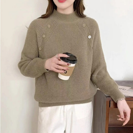 Damen Grobstrickpullover mit modernem Stehkragen und Knopfdetails Heidi-Mode