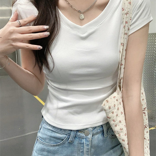 Frau V-Ausschnitt Enges Ripp T-Shirt Heidi-Mode