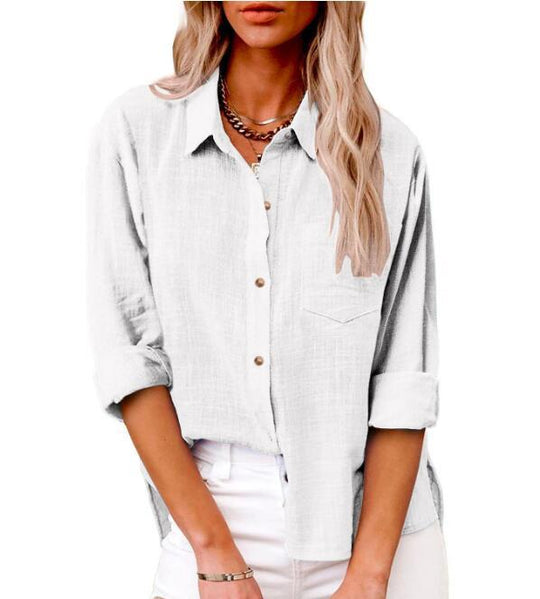 Damen lässige Leinenbluse mit kurzem Arm und Knopfdetails Heidi-Mode