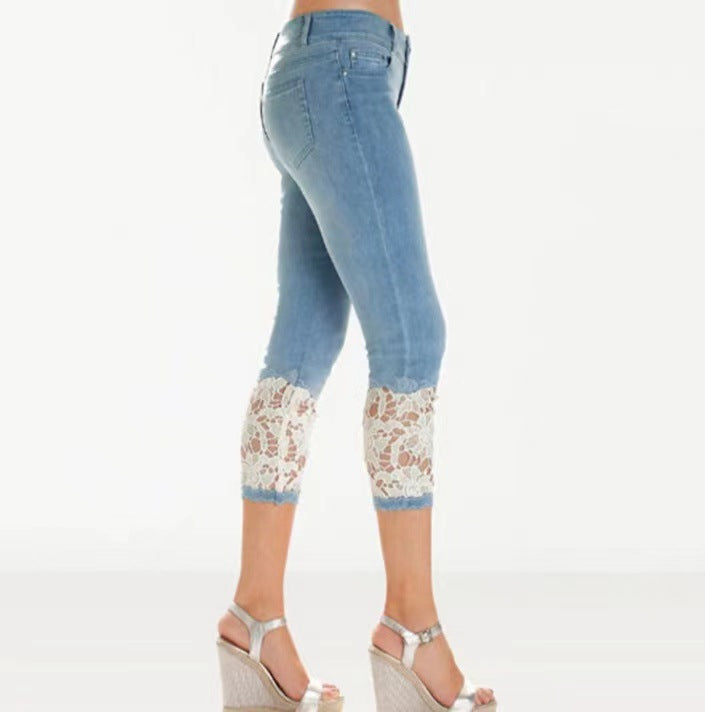 Damen Jeanshose mit Spitzenverzierung und figurbetontem Schnitt Heidi-Mode