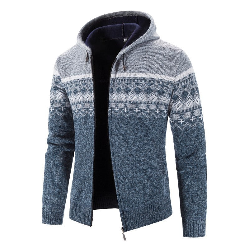 Herren Melierte Strickjacke mit Kapuze und Norweger-Muster Heidi-Mode