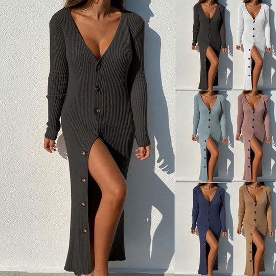 Damen Langer Strickkleid mit tiefem V-Ausschnitt und Knopfdetails Heidi-Mode