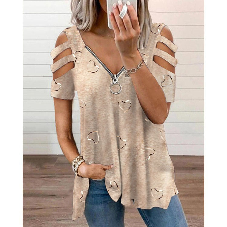 Damen V-Ausschnitt T-Shirt mit Cut-Outs und Herzdesign Heidi-Mode