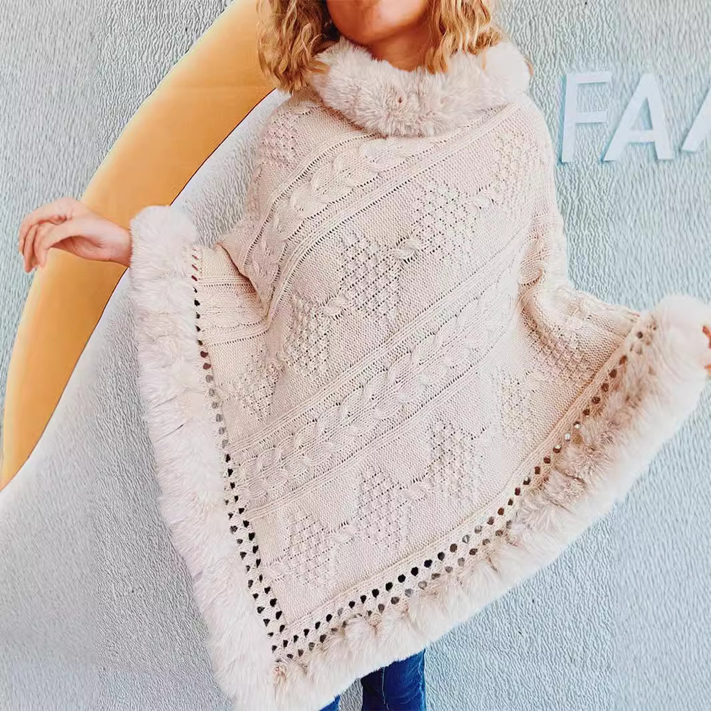 Damen Strickponcho mit dekorativem Kragen und gefüttertem Saum Heidi-Mode