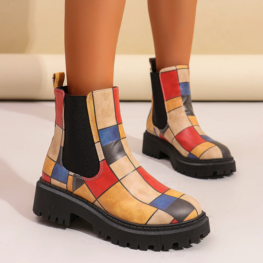 Damen Chelsea-Stiefel mit kreativem Musterdruck und rutschfester Sohle Heidi-Mode