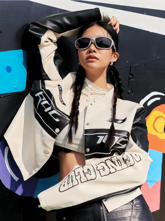 Damen cropped Bikerjacke mit einzigartigen Grafikdetails Heidi-Mode