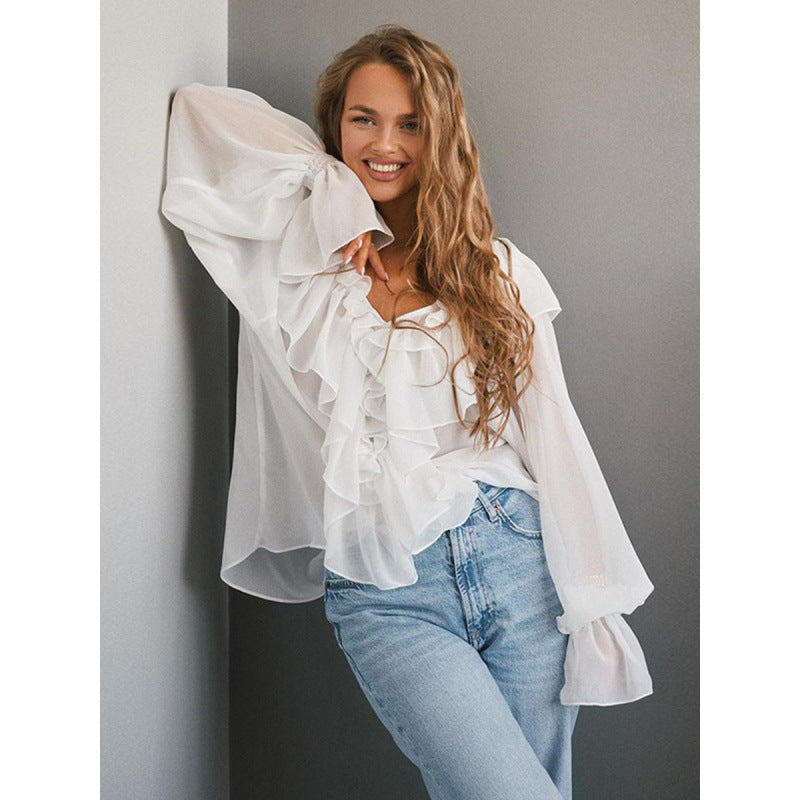 Damen Luftige Rüschenbluse aus Chiffon mit Oversize-Schnitten Heidi-Mode