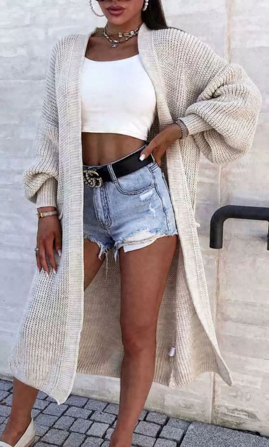 Damen Langer Strickcardigan mit weiten Ärmeln und praktischen Taschen Heidi-Mode