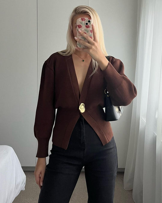 Damen modischer Strickcardigan mit tiefem V-Ausschnitt und dekorativem Knopf Heidi-Mode