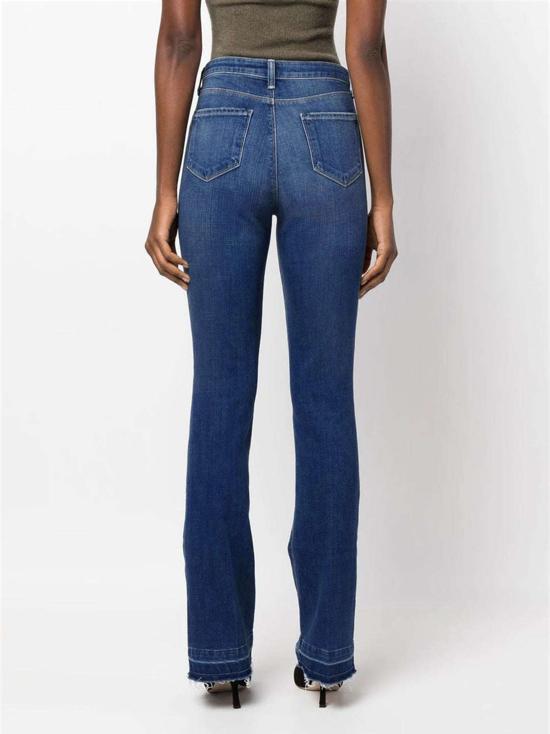 Damen Bootcut Jeans im legeren Design mit fransigem Saum und hohem Taillenbund Heidi-Mode