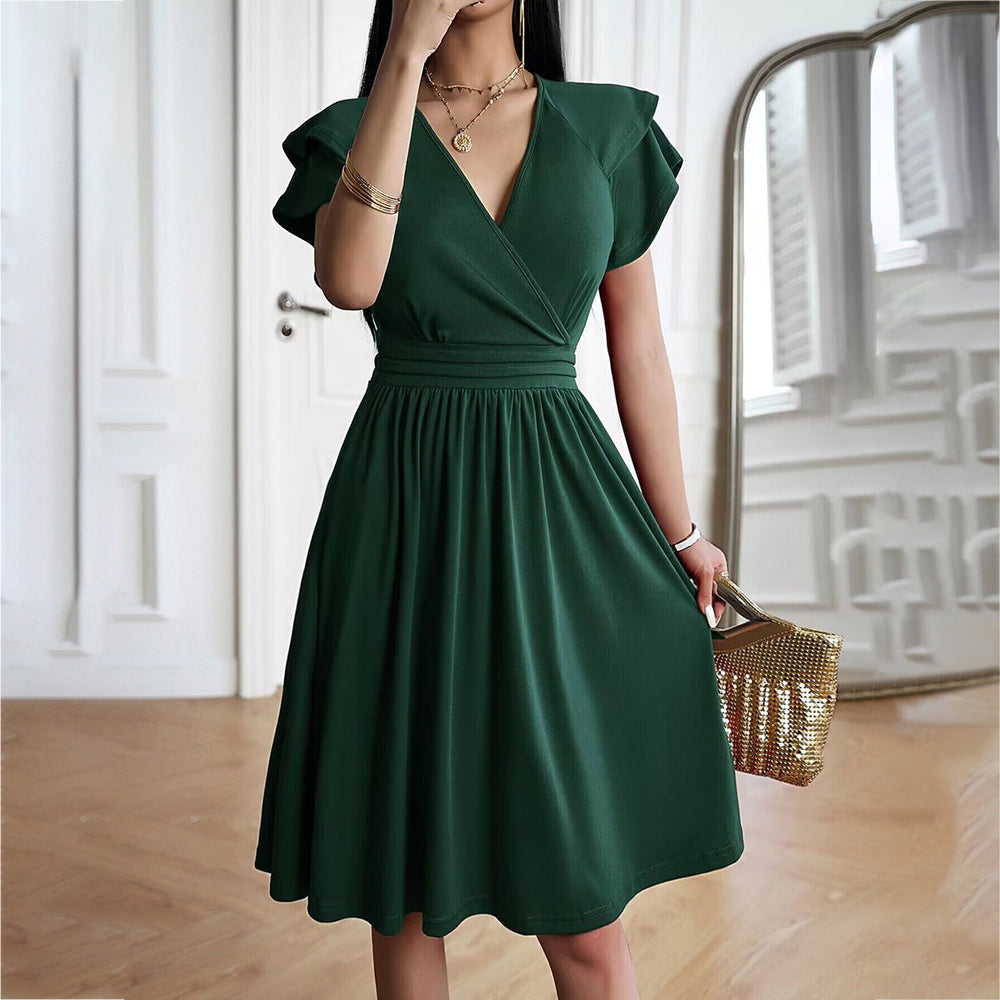 Heidi-Mode | V-Ausschnitt Einfarbig Kurzarmkleid Für Frauen