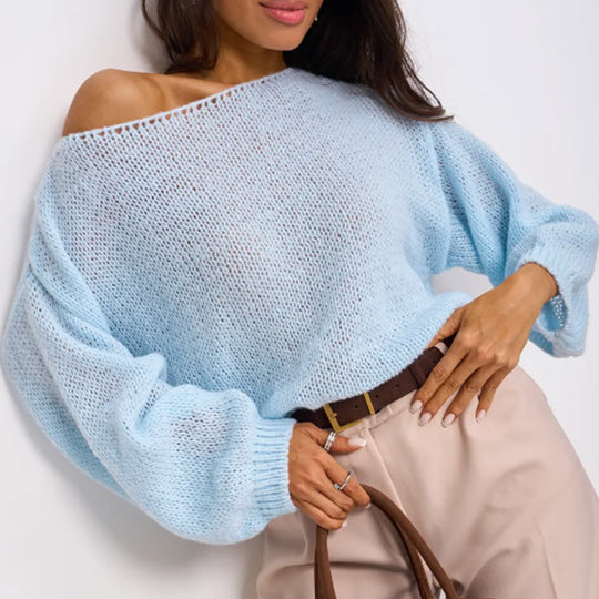 Damen Flauschiger Off-Shoulder Pullover mit überschnittenen Schultern Heidi-Mode