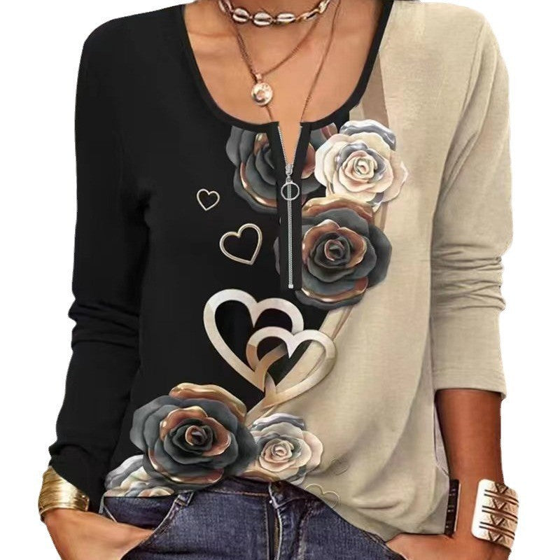 Damen Langarmshirt mit schimmerndem Glitzerdetail und halsfernem Reißverschluss Heidi-Mode