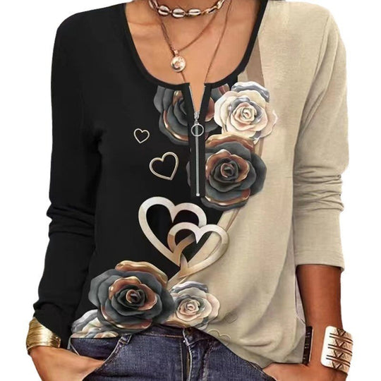 Damen Langarmshirt mit schimmerndem Glitzerdetail und halsfernem Reißverschluss Heidi-Mode