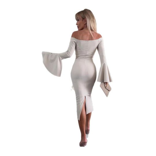 Damen Wickelkleid mit schulterfreiem Design und eleganten Trompetenärmeln Heidi-Mode