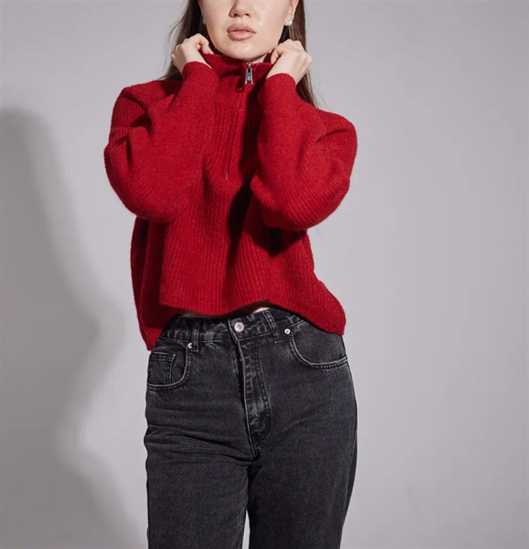 Damen Pullover mit hohem Kragen und Zip Heidi-Mode