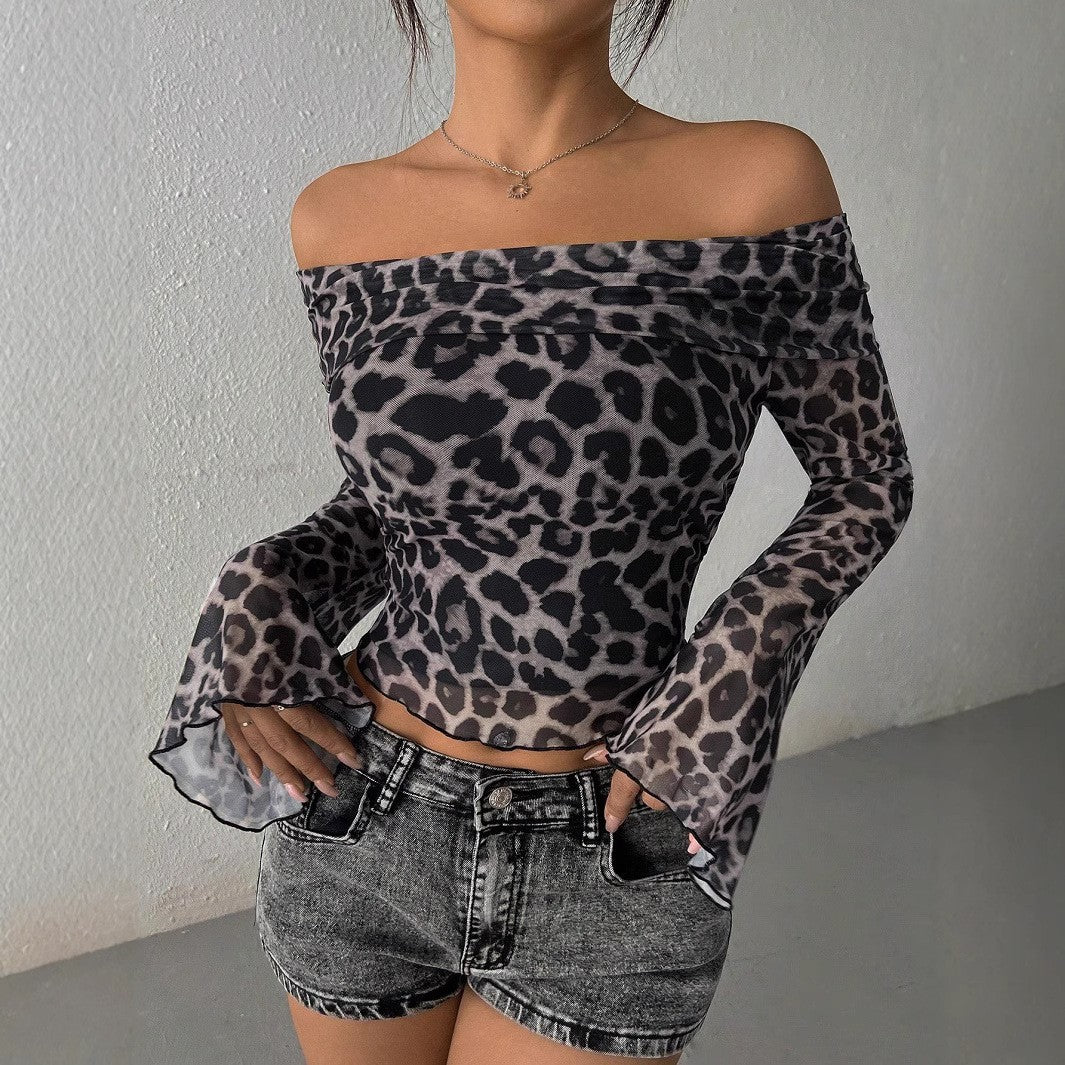 Damen Schulterfreies Oberteil mit Leopardenmuster und weiten Ärmeln Heidi-Mode