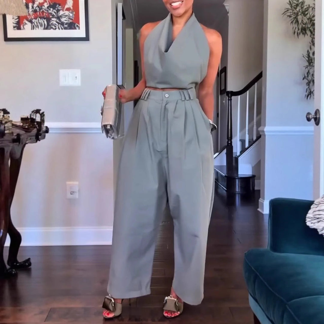 Damen Halterneck Satin Overall mit taillierten Hosen Heidi-Mode