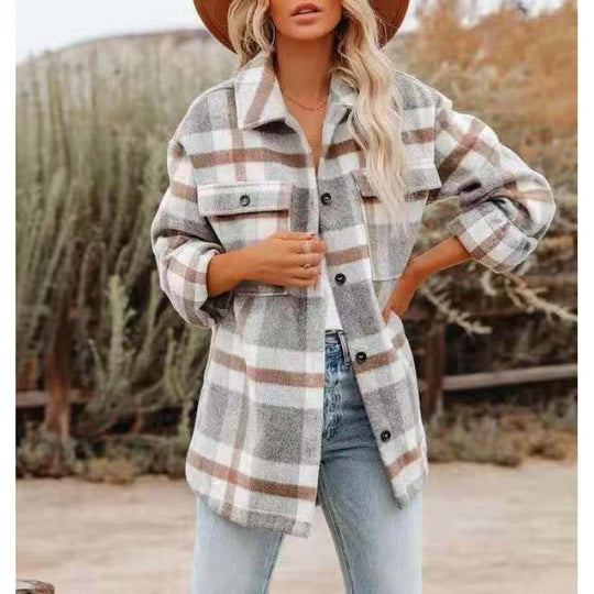Damen Karobluse mit oversized Schnitt und Taschen Heidi-Mode