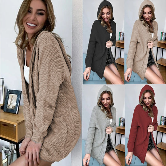 Damen Strickjacke mit Kapuze und großen Taschen Heidi-Mode