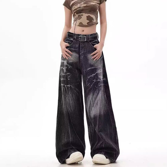 Damen Weite Jeanshose mit modischem Used-Look und hohem Bund Heidi-Mode