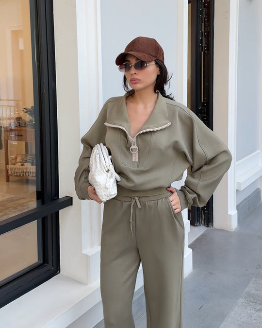 Damen gemütliches Fleece-Loungewear-Set mit hochgezogenem Kragen und lockerer Passform Heidi-Mode