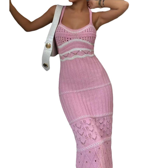 Damen Strick-Maxikleid mit raffinierten Häkelmustern und seitlichem Schlitz Heidi-Mode