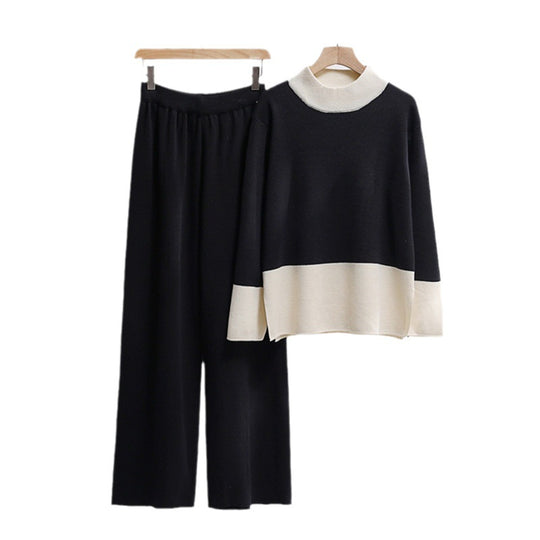 Damen elegantes Strick-Loungewear-Set mit weitem Bund und dekorativem Kragen Heidi-Mode