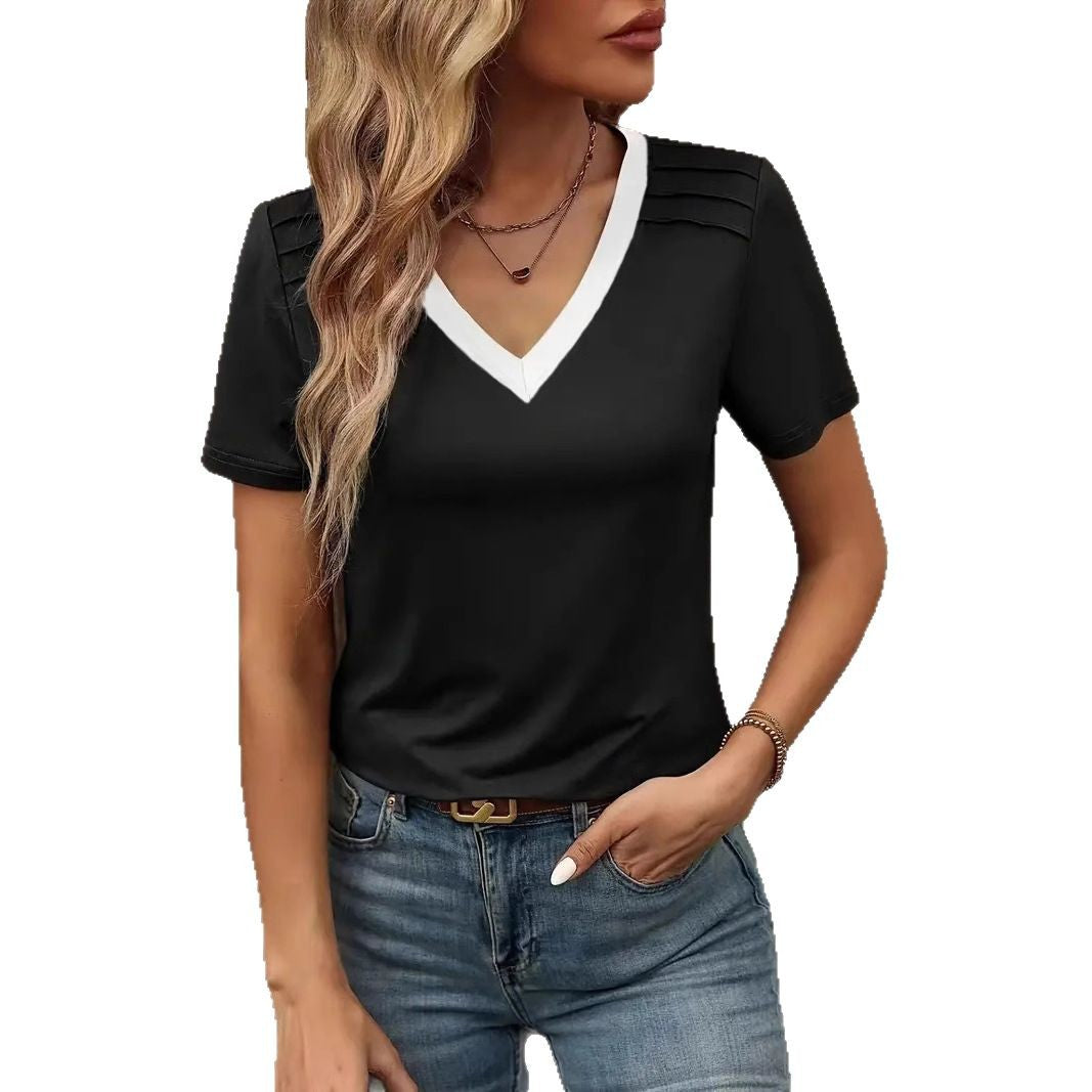 Damen T-Shirt mit modernem V-Ausschnitt und strukturiertem Stoff Heidi-Mode