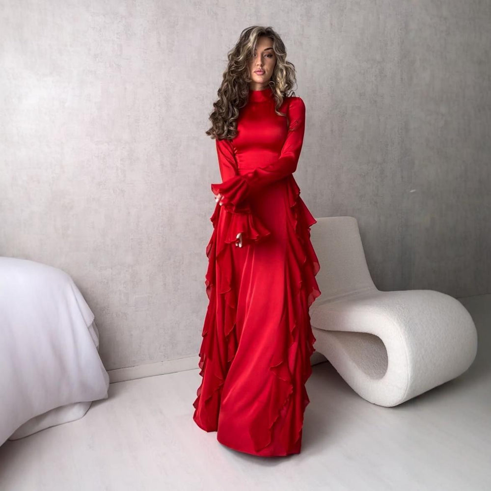 Damen Maxikleid im eleganten Rüschendesign mit Langarm Heidi-Mode