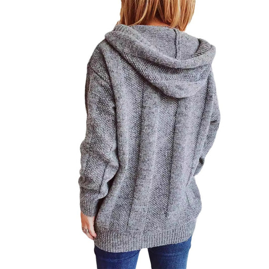 Damen lockerer Strickpullover mit Kapuze und dekorativen Knöpfen Heidi-Mode