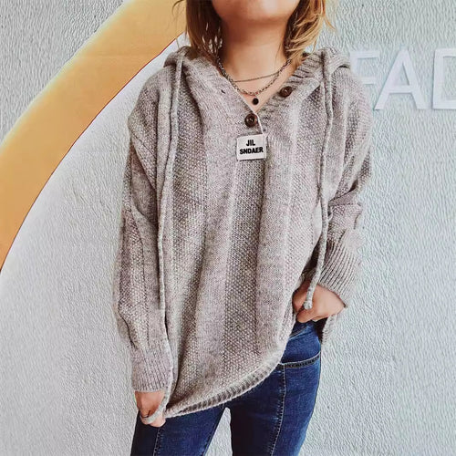 Damen lockerer Strickpullover mit Kapuze und dekorativen Knöpfen Heidi-Mode