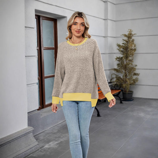 Damen lässiger Pullover mit kontrastierenden Ärmelabschlüssen und einzigartiger Textur Heidi-Mode