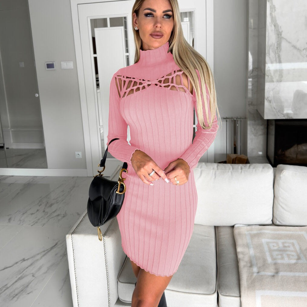 Damen figurbetontes Strickkleid mit Ausschnitt und Langarm Heidi-Mode