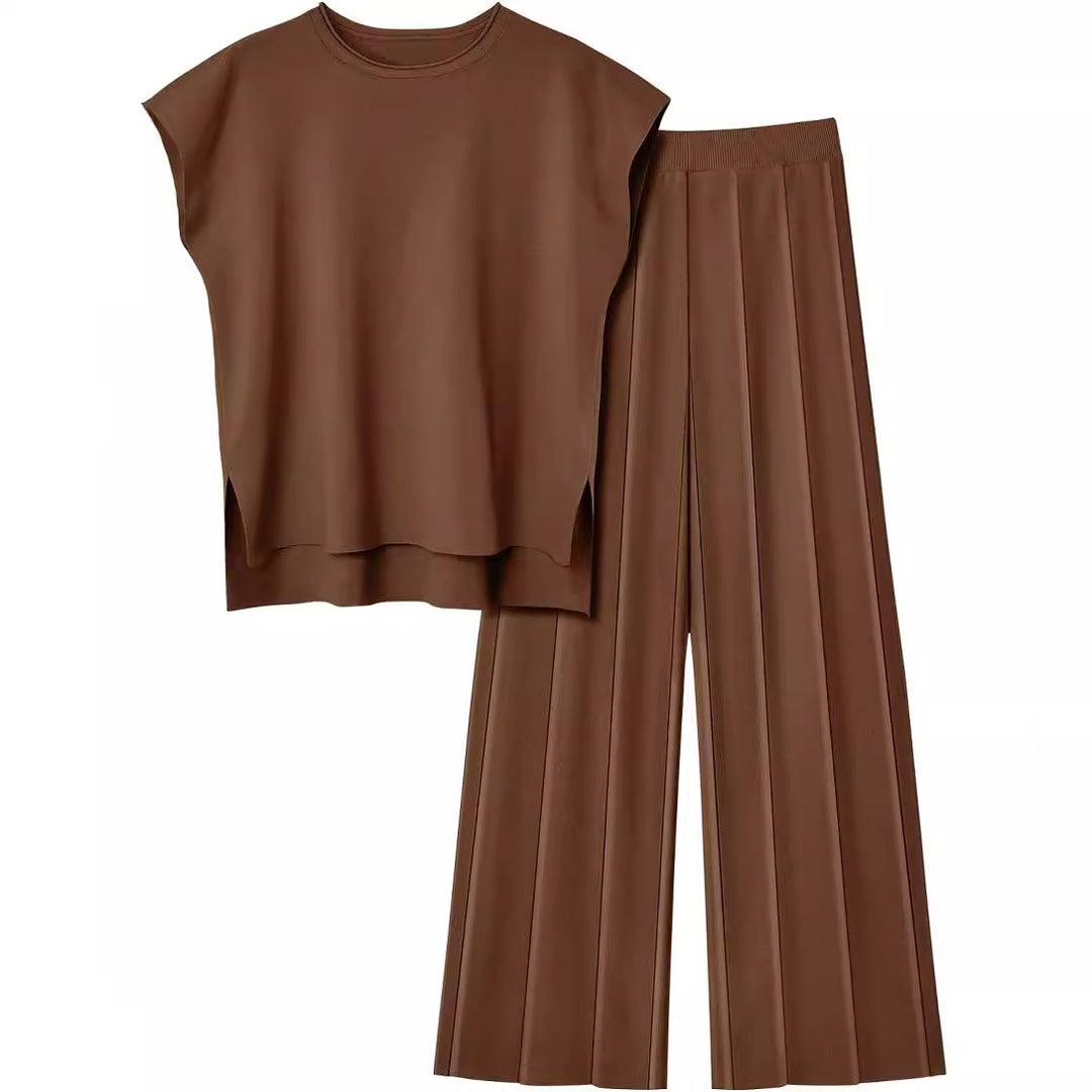 Damen elegantes Set mit kurzärmligem Oberteil und plissierter Hose Heidi-Mode