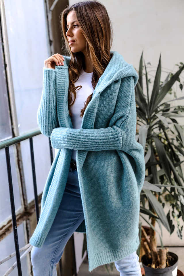 Damen kuschelige Strickjacke mit Kapuze und offenem Schnitt Heidi-Mode
