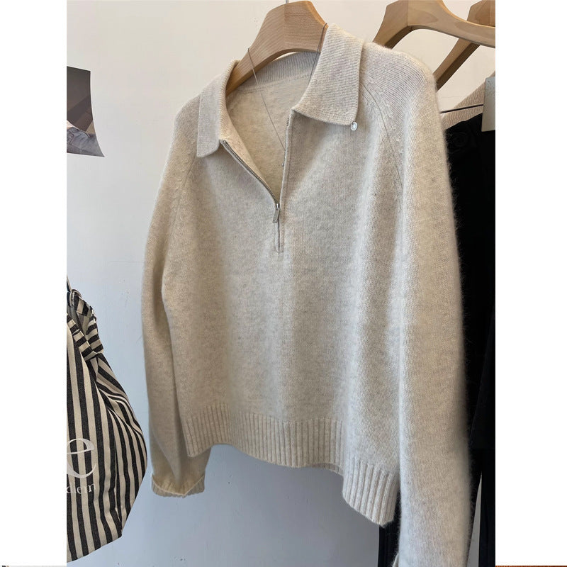 Damen Kuscheliger Pullover mit Stehkragen und kurzem Reißverschluss Heidi-Mode