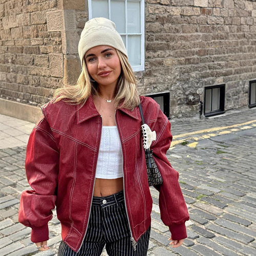 Damen modische Lederjacke mit strukturiertem Kragen und praktischen Taschen Heidi-Mode