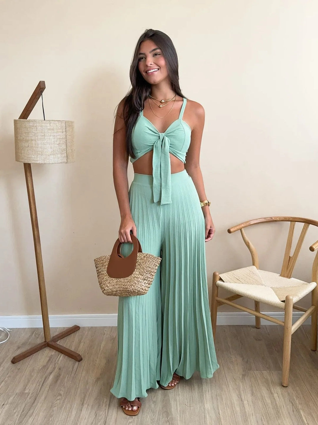 Damen Plissierte weite Hose mit Bindegürtel Heidi-Mode