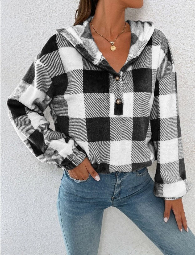 Damen Gemusterte Karo-Hoodie-Bluse Heidi-Mode