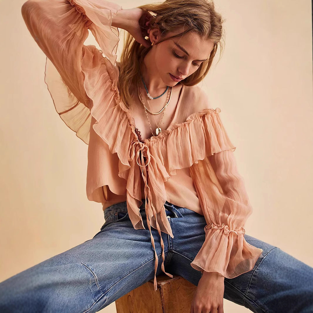 Femme Elegante Volant Bluse mit Krawatten-Detail Heidi-Mode