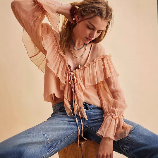 Femme Elegante Volant Bluse mit Krawatten-Detail Heidi-Mode