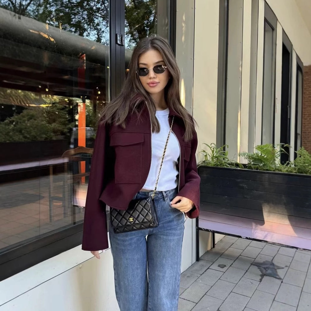 Damen lässige Wolljacke mit praktischen Brusttaschen und hochwertigem Reißverschluss Heidi-Mode