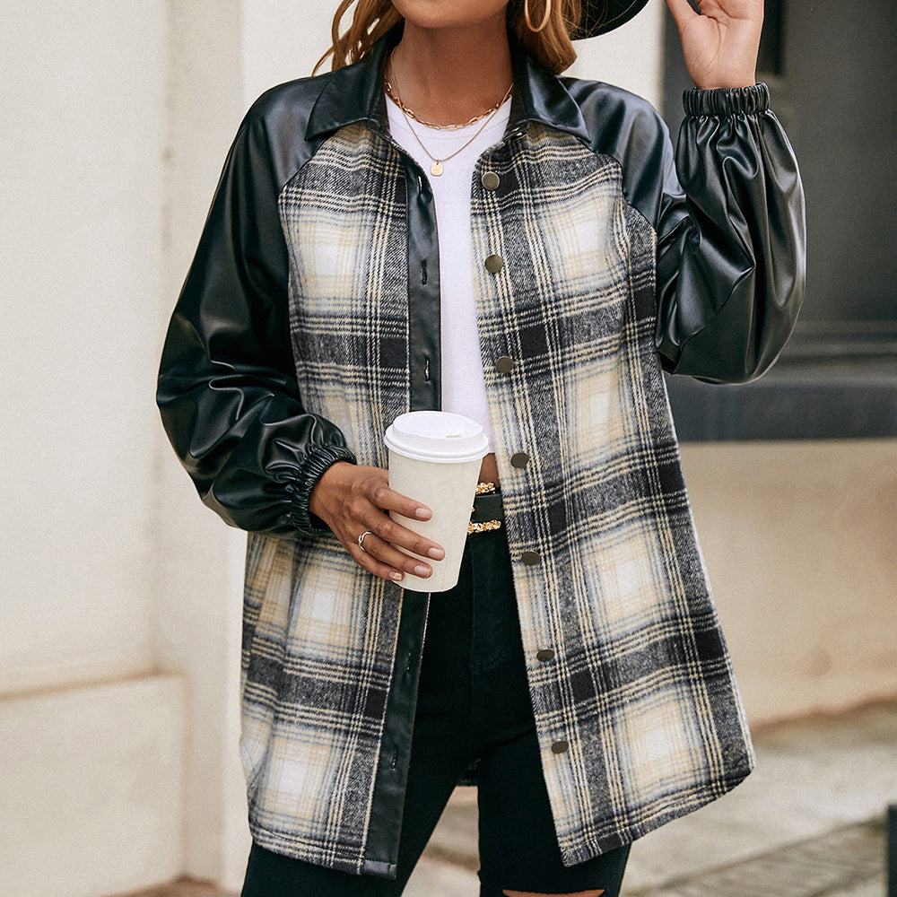 Damen modische Karomuster Jacke mit Lederärmeln Heidi-Mode