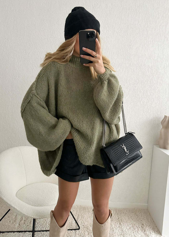 Damen lässiger Oversize Pullover mit hohen Ärmeln und unkonventionellem Schnitt Heidi-Mode