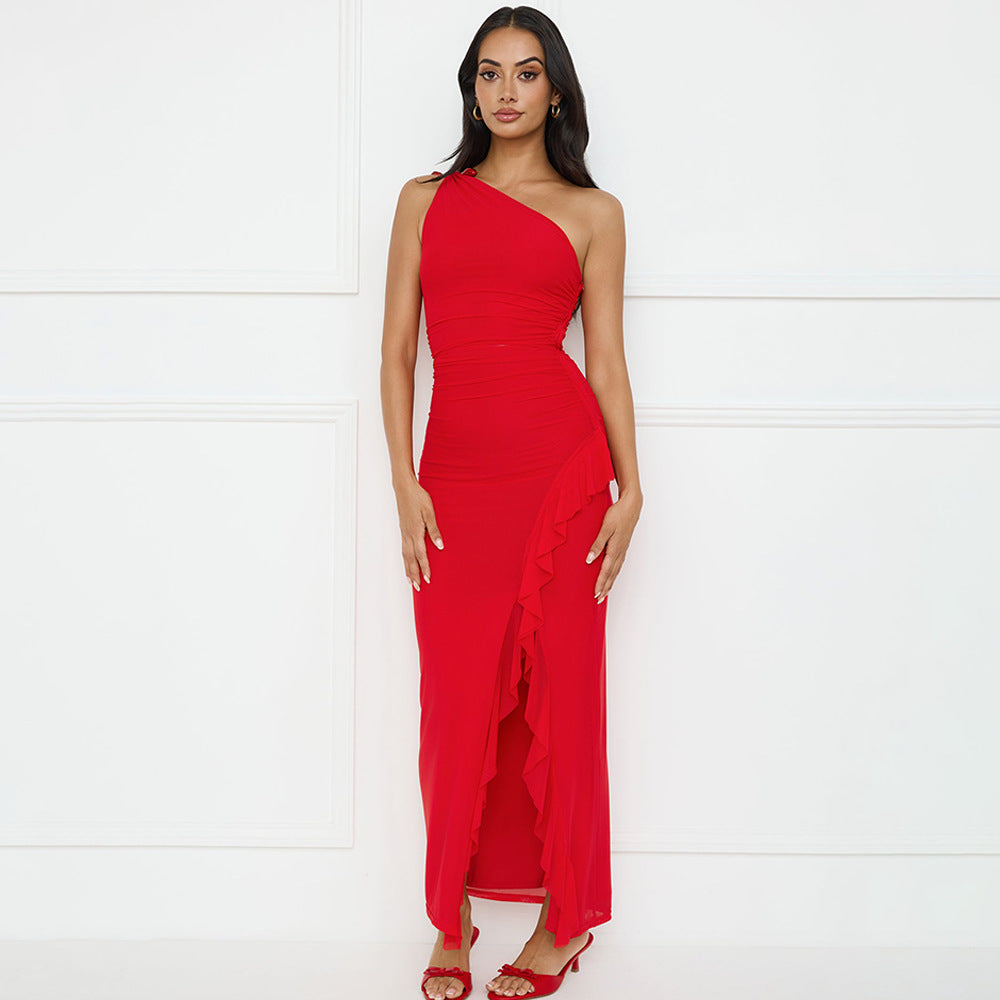 Damen Asymmetrisches Maxikleid mit Rüschendetails Heidi-Mode